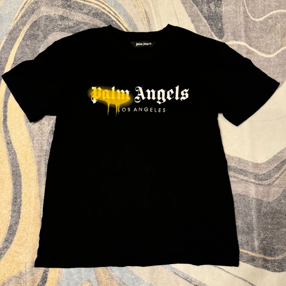 Palm Angels Yellow Grafitti Logo Black T-Shirt Size Large